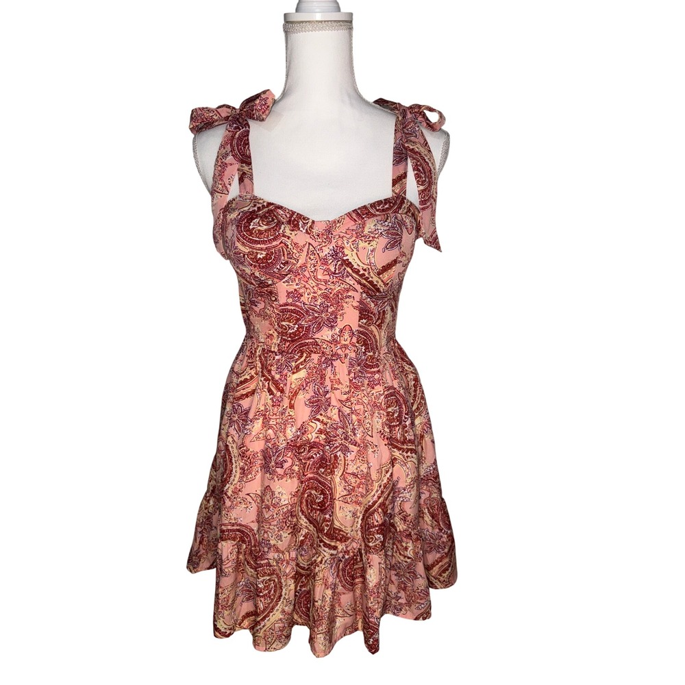 BOG Collective PeachyPink Paisley Tie Shoulder Smocked Mini Dress XS Ladies